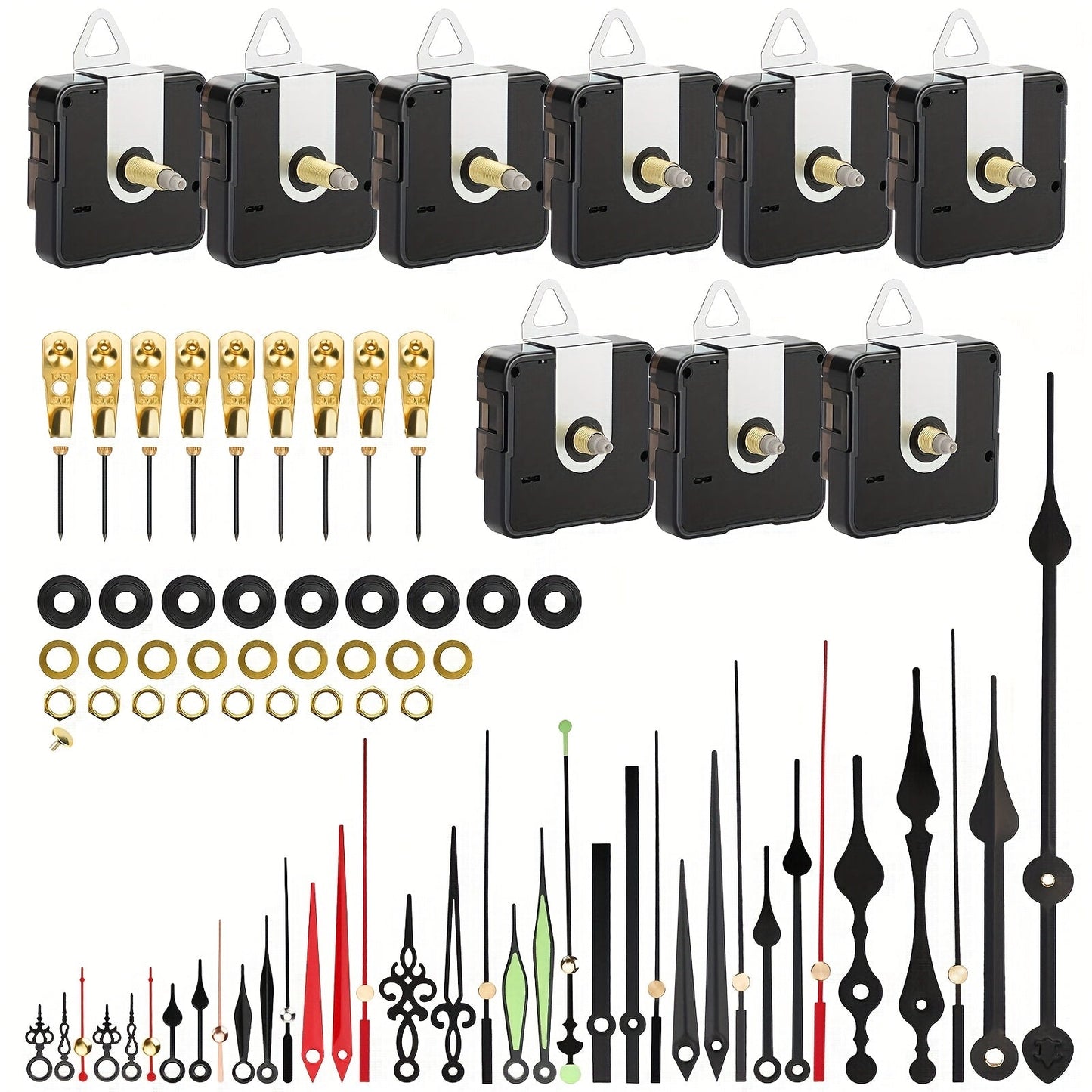 Silent Quartz Clock Movement Kit 9pcs with 12 Pairs Clock Hands – DIY Wall Clock Repair Parts for 22mm 16mm 13mm Shaft