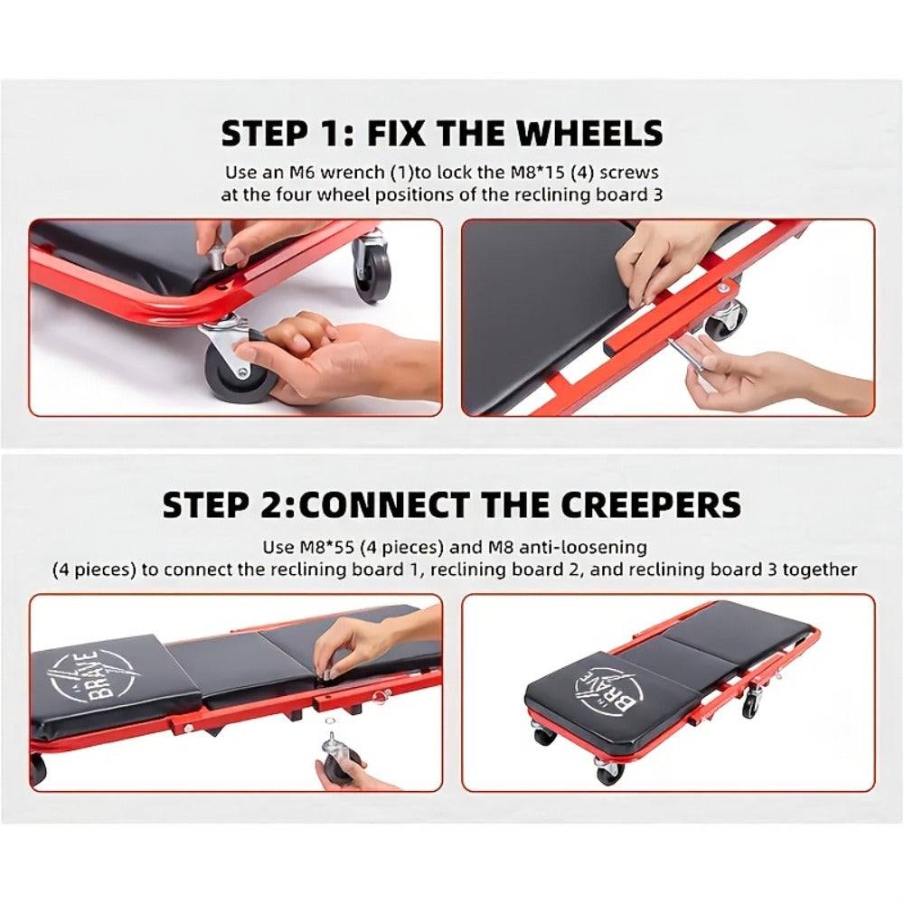 Mechanic Creeper Seat 3-in-1 Heavy Duty 36" – Folding Crawler with Adjustable Z-Seat, 6 Lockable Casters, 350–650 lb Capacity for Auto