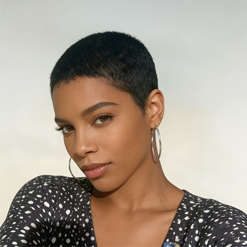 Short Pixie Human Hair Wig, 4-Inch Length in 1B Black, 99J Burgundy, #30 or #27 Color Options