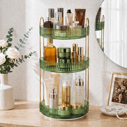 Three-Tier Rotating Makeup Organizer with 360-Degree Base in Green, Amber or Transparent Finish