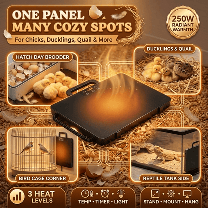 Brooder Heater 250W Heating Panel for Chicks, Ducklings & Quail, 3 Heat Levels, 4-Timer Settings