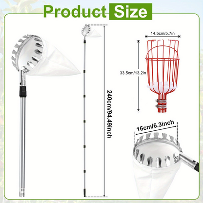 Stainless Steel Fruit Picker with Adjustable 63 to 157 Inch Extension Pole and Non-Slip Handle for Orchard Harvesting
