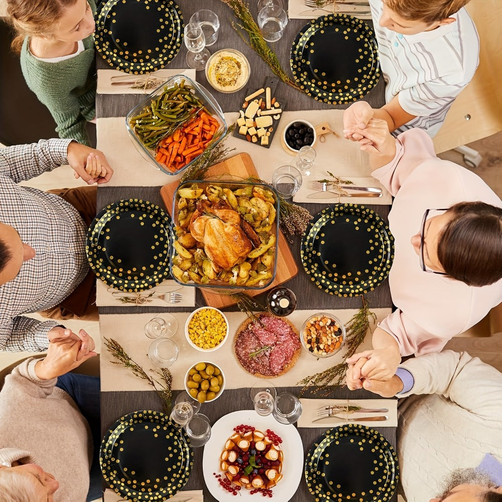 Disposable Party Supplies Set 150 Piece Black and Gold – Paper Plates, Napkins & Forks for 50 Guests, Elegant Tableware for Birthday