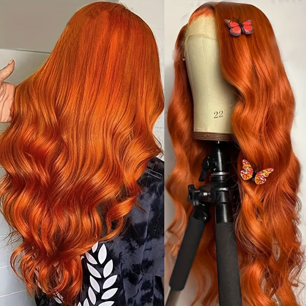 Lace Front Wig Ginger-Orange Body Wave Human Hair, 14- or 20-Inch Style with 4x4 Closure and 150% Density