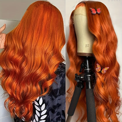 Lace Front Wig Ginger-Orange Body Wave Human Hair, 14- or 20-Inch Style with 4x4 Closure and 150% Density