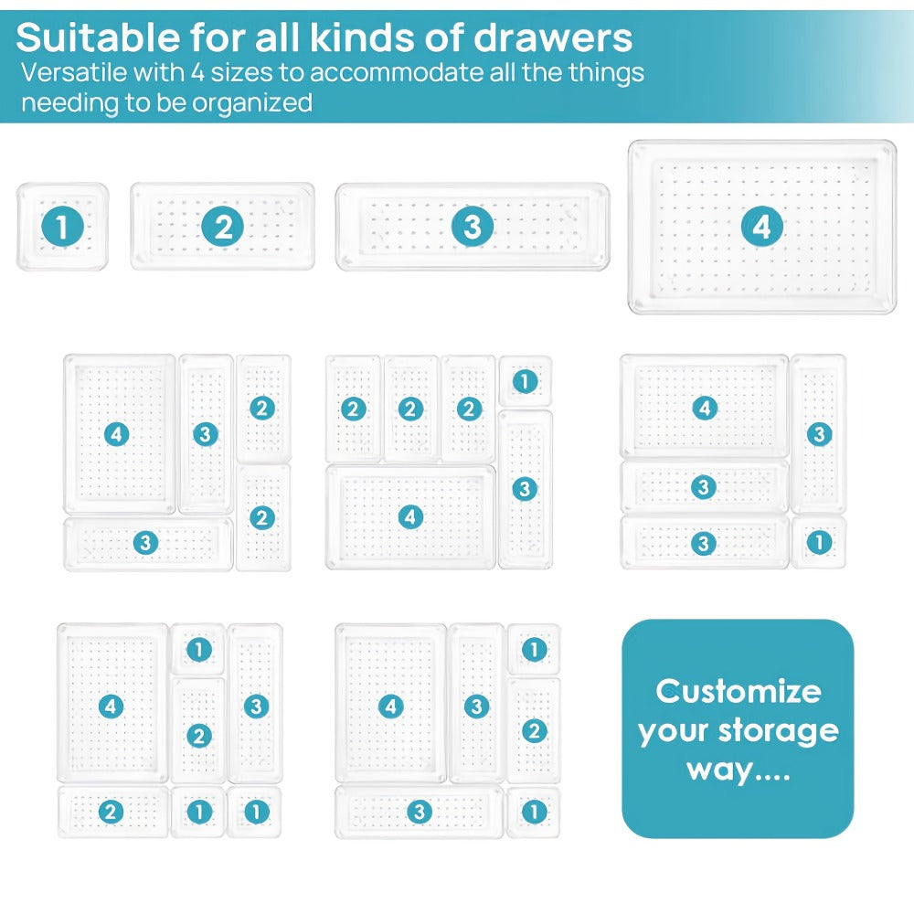 Drawer Storage Organizer Trays 25-Pack in Four Sizes for Kitchen, Desk, Vanity or Dresser Use