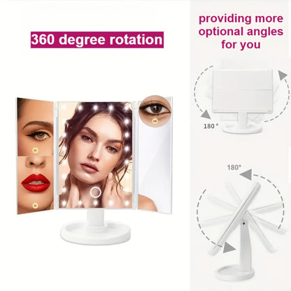 LED Tri-Fold Makeup Mirror with Touch Screen, 1X/2X/3X/10X Magnifying Vanity Mirror, Flexible Adjustable Base