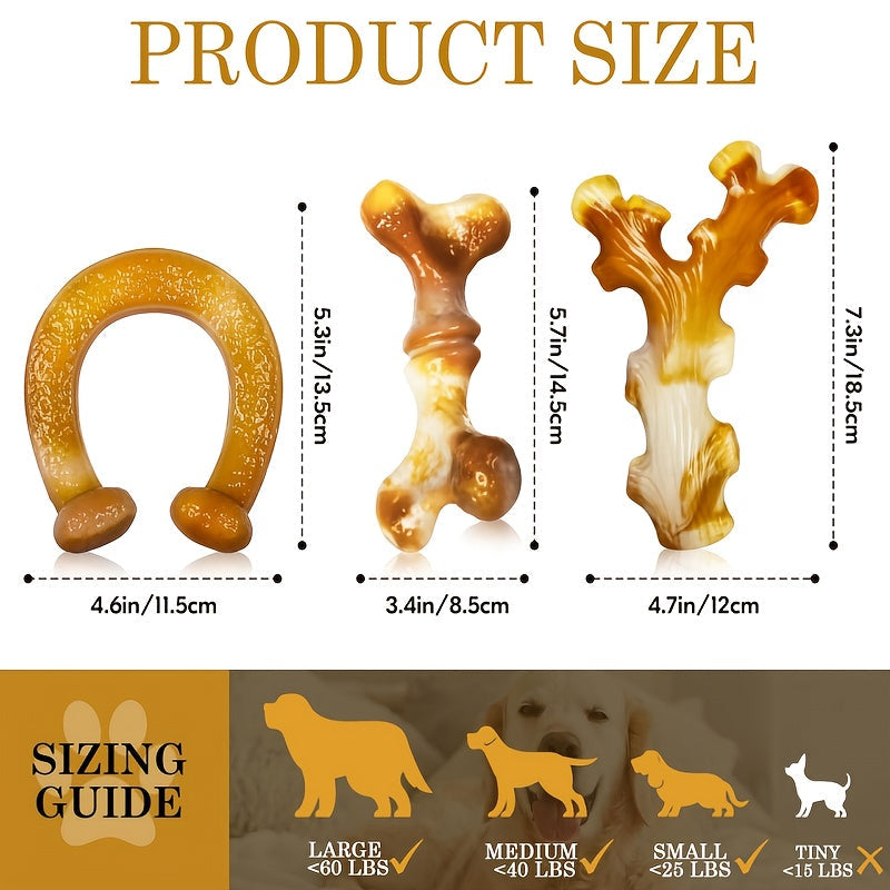 Three-Piece Dog Chew Toy Set with Branch, Bone and Ring Shapes in Milk Tea Brown for Supervised Play
