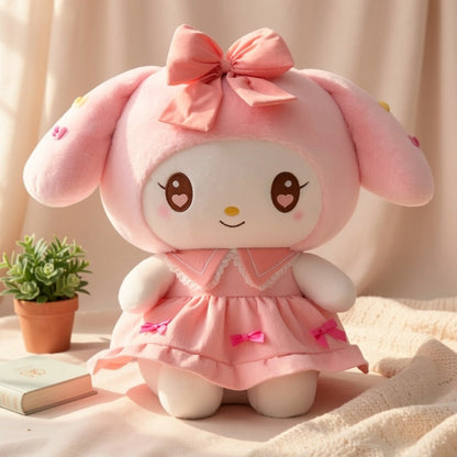 Kuromi My Melody Plush Doll Princess Dress, Collectible Sanrio Stuffed Animal with Pink Bow & Ruffled Collar