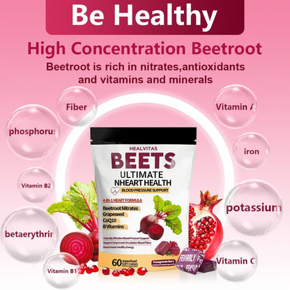 Beetroot Chewable Tablets with Natural Nitrates & Concentrated Beet Root Extract - Supports Circulatory System