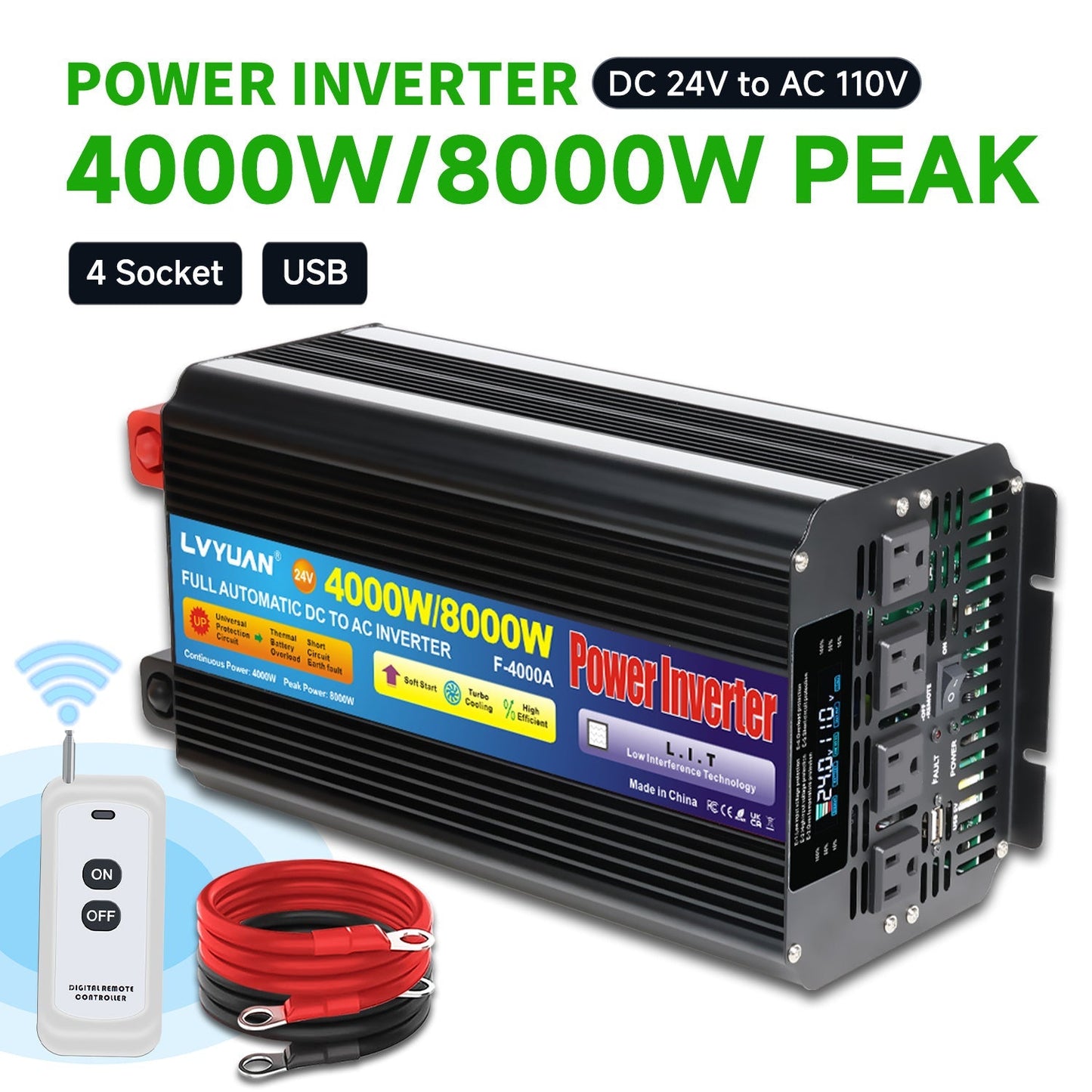 Pure Sine Wave Power Inverter 4000W 8000W Peak DC 12V to AC 110V with LCD Display Remote Control 4 AC for Garden, Patio and Yard Use