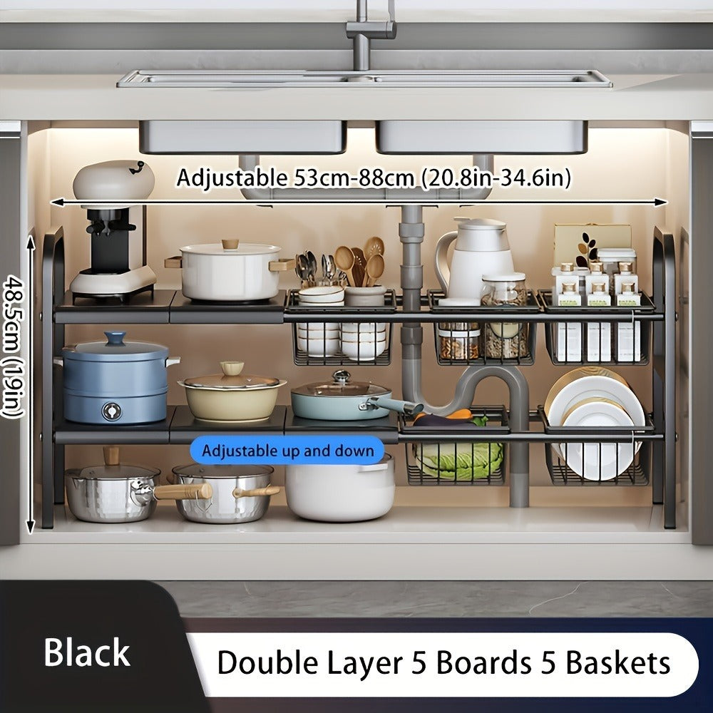 Expandable Two-Tier Under-Sink Organizer with L-Shaped Frame, Removable Panels and Hanging Basket Options
