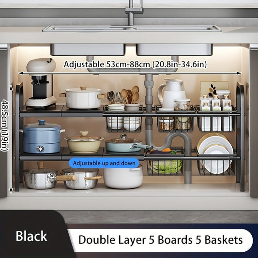 Expandable Two-Tier Under-Sink Organizer with L-Shaped Frame, Removable Panels and Hanging Basket Options