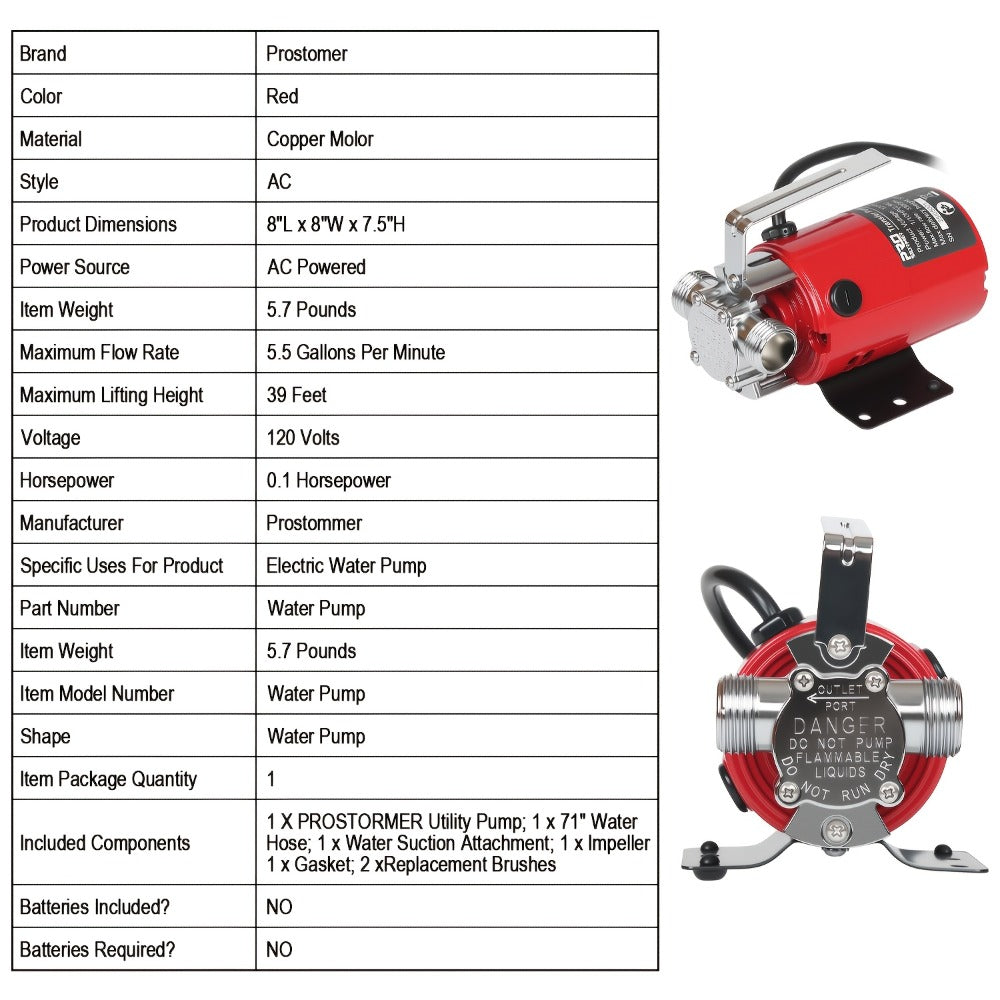 Portable Electric Water Pump 330 GPH, 1/10 HP 120V Utility Pump with Hose, High-Flow Water Transfer Pump for Pool Drain