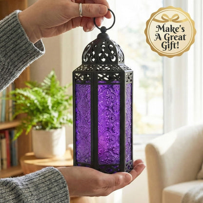 Moroccan Candle Lantern Holder - Decorative Metal & Glass Lantern with Embossed Floral Design for Indoor Home Decor