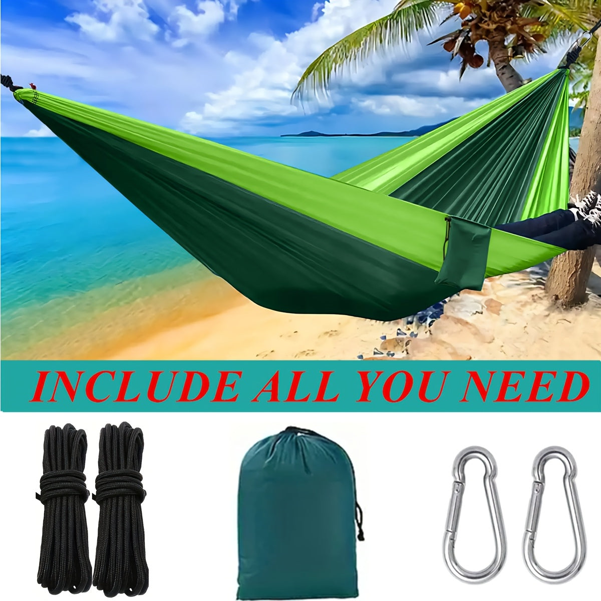 Green Lightweight Camping Hammock with 87 x 35-Inch Nylon Bed, Two Hooks, Suspension Ropes and Carry Bag
