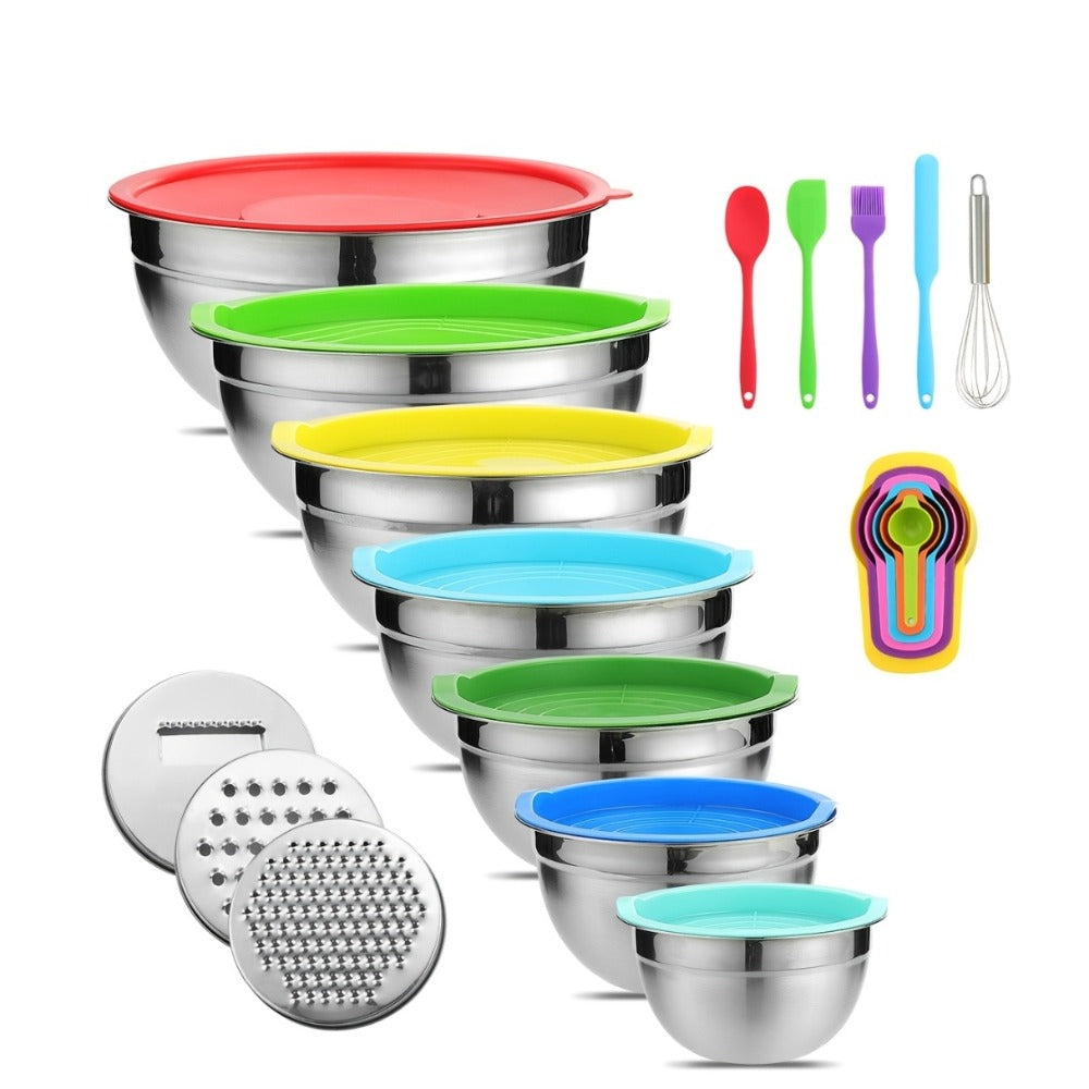 21-Piece Mixing Bowl Set with Color-Coded Lids, Three Grater Inserts and Prep Tool Assortment