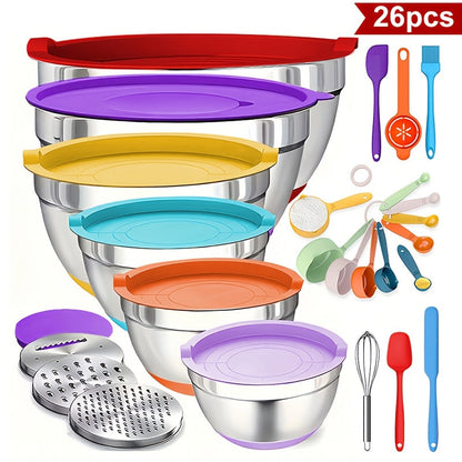 Stainless Steel Mixing Bowls with Airtight Lids 26pcs Set, 3 Grater Attachments, Bottoms, 7Qt 4Qt 2.5Qt 2Qt 1.5Qt 1Qt