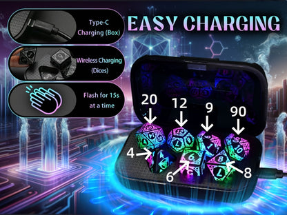 LED Dice Set 7pcs Wireless Rechargeable Light Up, Colorful Glowing Polyhedral Dice with Charging Box