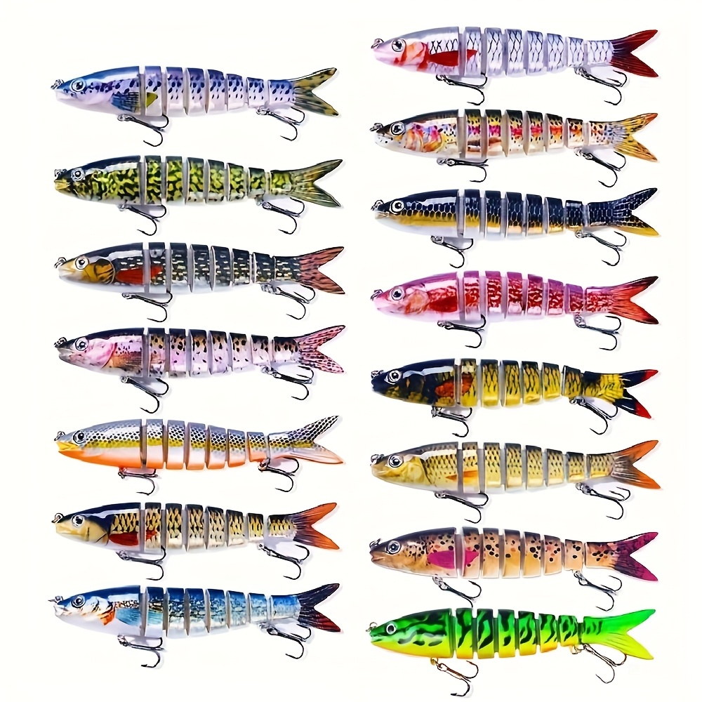 Fishing Lure Set 15-Piece Multi-Jointed Swimbaits with Segmented Bodies, Two Treble Hooks and Fifteen Fish Patterns