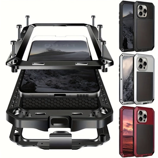 Heavy Duty iPhone Case Metal Frame Built-in Glass Screen Protector Dustproof Shockproof Full Body for iPhone 16 Pro 16 Plus 16 15 Pro Max 15