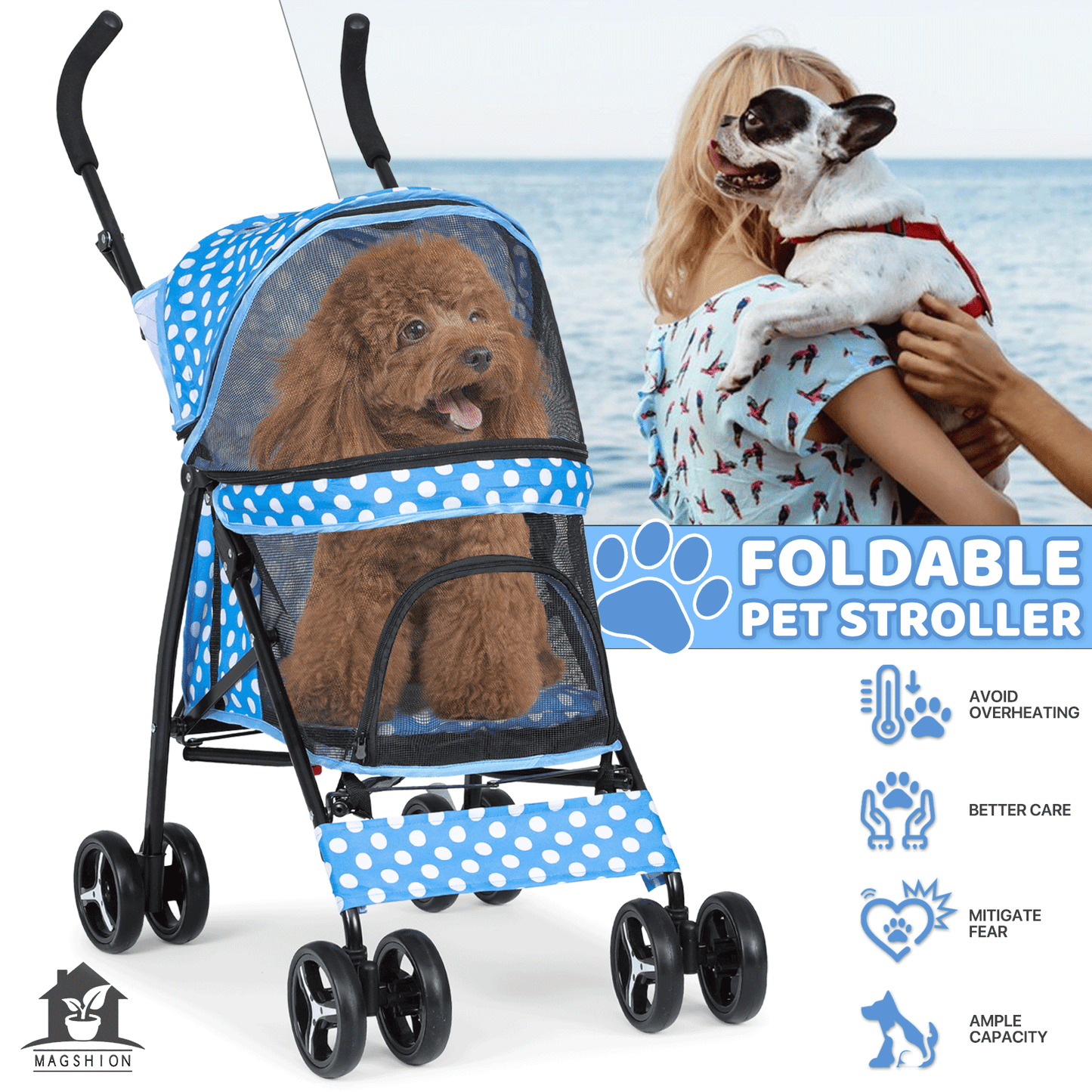 Pet Dog Cat Stroller with 4 Wheels – Foldable Jogger Pet Stroller for Small Medium Dogs & Cats up to 33 lbs, Breathable Mesh Windows