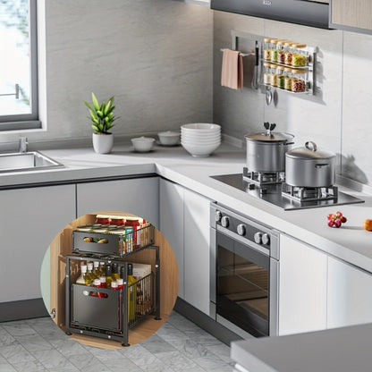Under Sink Organizer 2-Tier Slide Out Pull Out Drawer Metal Basket Height Adjustable – Under Sink Cabinet Organizer for Kitchen Bathroom