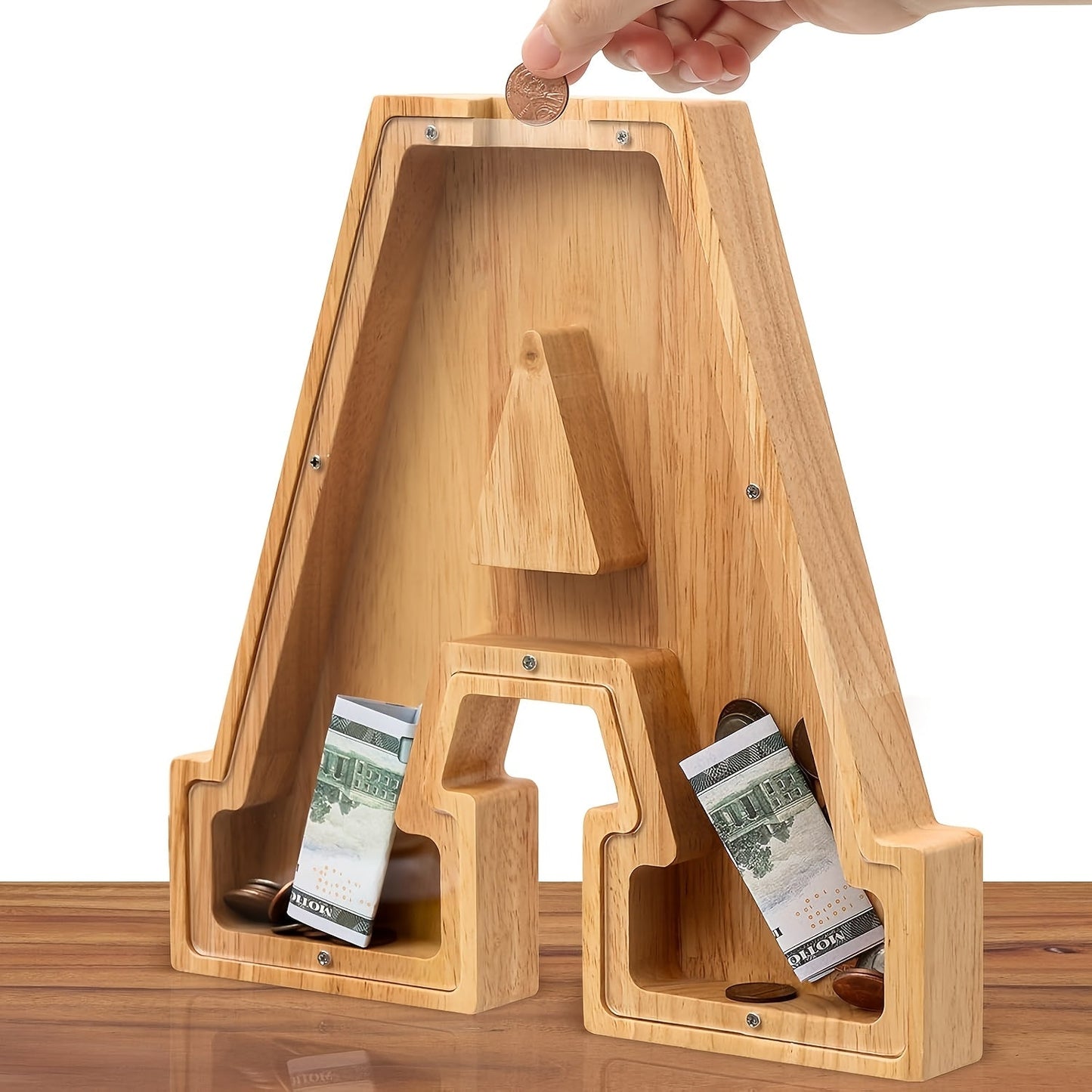 Personalized Wooden Piggy Bank for Kids – A-Z Alphabet Letter Initial Coin & Bill Savings Bank for Boys & Girls