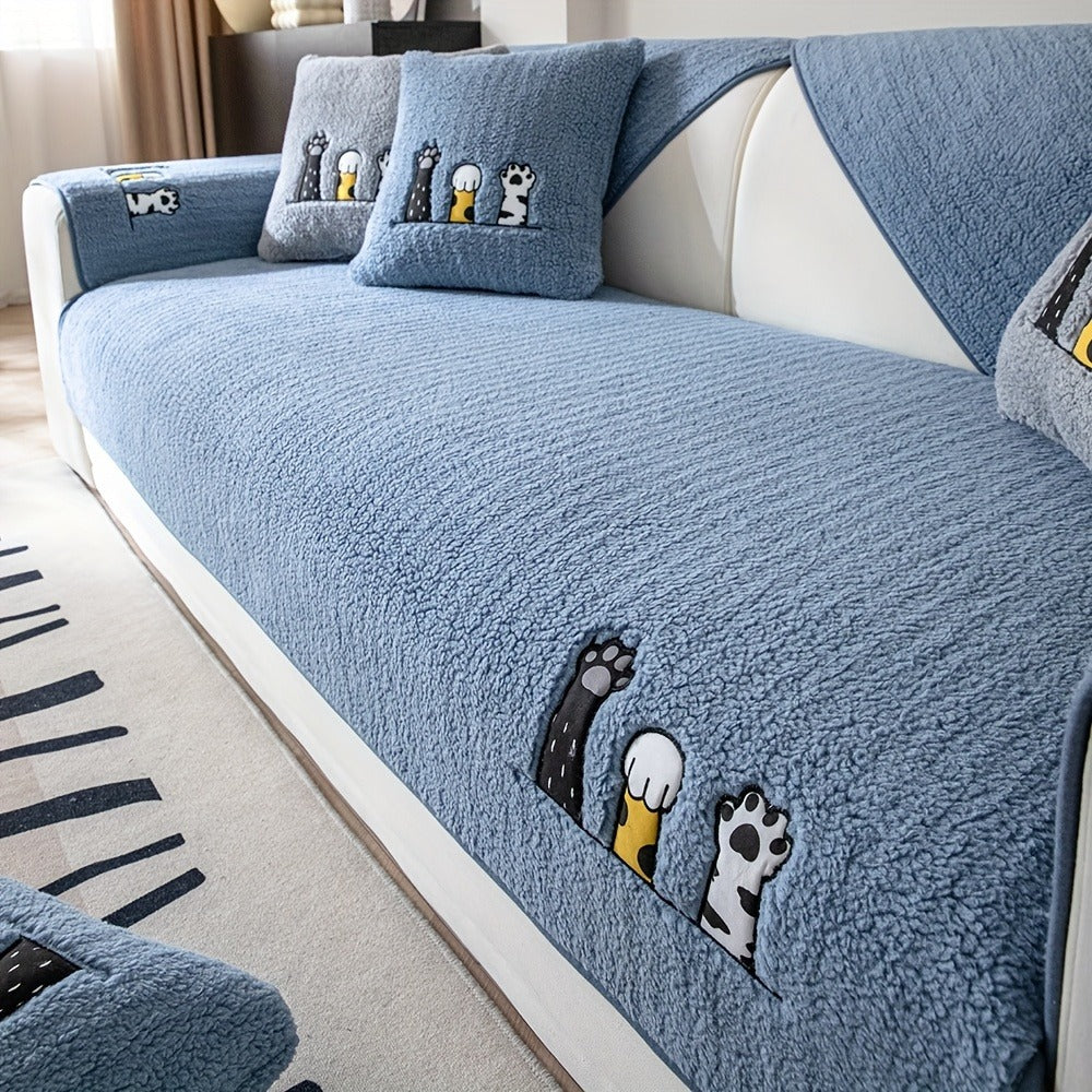Sofa Cover, Sherpa Plush Cat-Paw Embroidered Seat Pad with Backing Detail in Four Colors and Seven Sizes