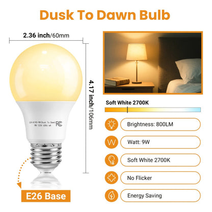 Dusk to Dawn Light Bulb A19 9W 800 Lumens 60W Equivalent with Auto On Off Photocell Sensor – E26 Base Soft White 2700K & Daylight 5000K 80+