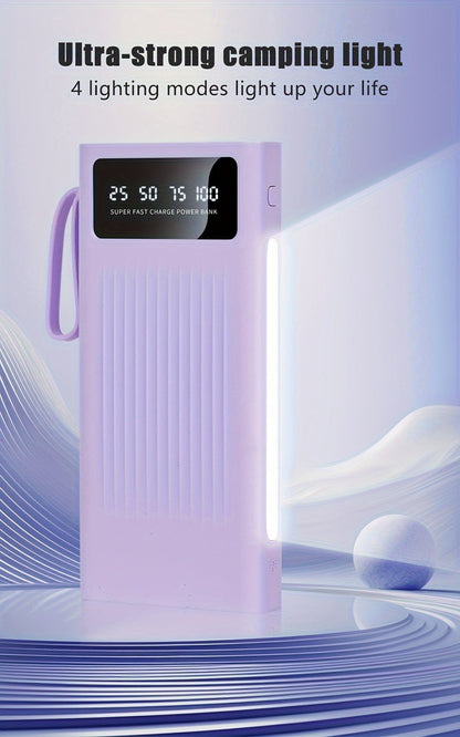 Power Bank for Camping, 10000-30000mAh with 15W Charging, Four-in-One Cable and Four-Mode Camping Light