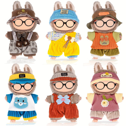 Labubu Outfit Set 6 Pcs 3D Embroidery Doll Clothes for 17cm Plush Figures, Premium Fabric Fashion Clothing