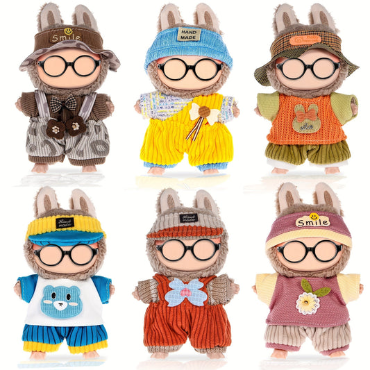 Labubu Outfit Set 6 Pcs 3D Embroidery Doll Clothes for 17cm Plush Figures, Premium Fabric Fashion Clothing