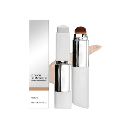 Skin Tone Adapting Color-Changing Foundation Stick 2-Piece with Built-In Brush & Puff – Lightweight Matte Finish Sheer to Buildable Coverage