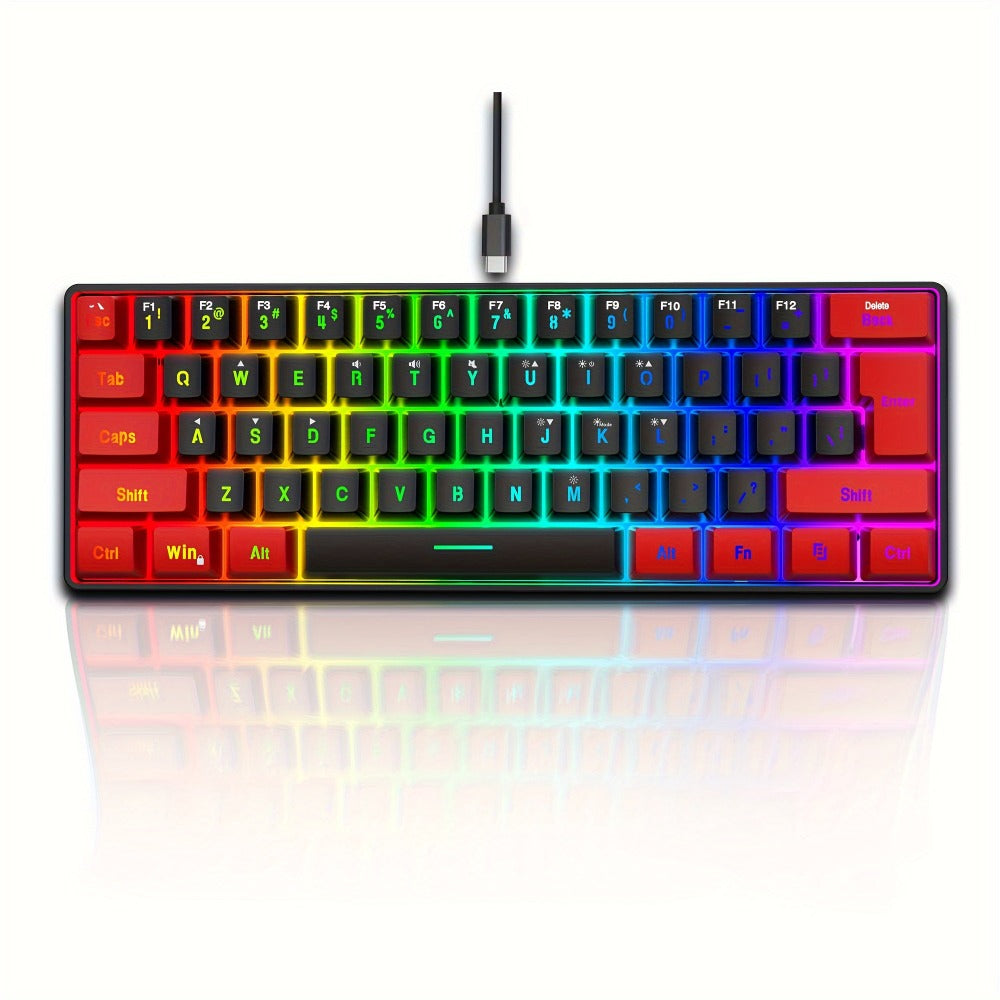 Red-and-Black 61-Key Compact Wired Keyboard with Detachable Cable and Multicolor-Lit Keycaps