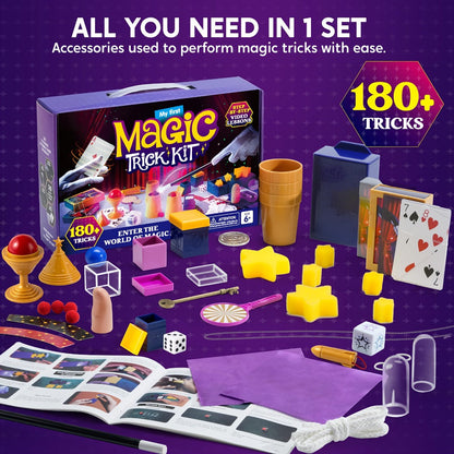 180+ Magic Tricks Kit for Kids, Complete Magician Starter Set with Step-by-Step Video Lessons, Magic Wand