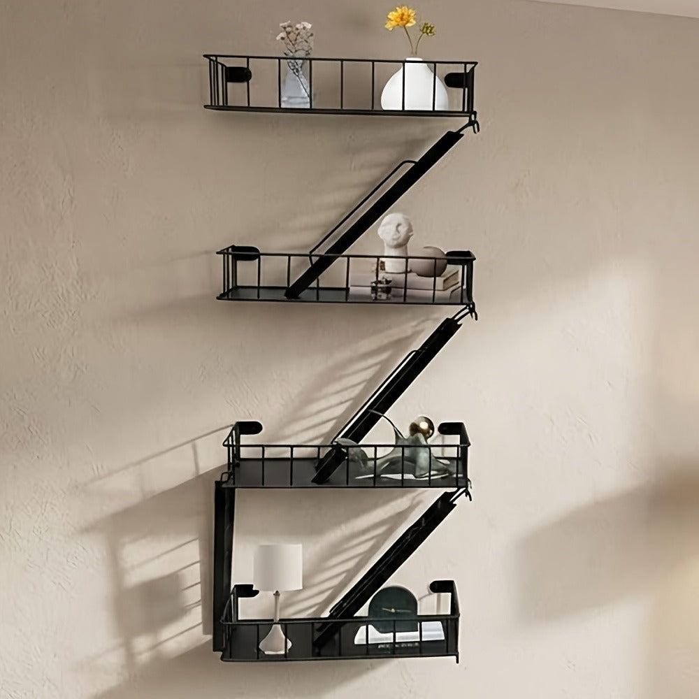 Staircase Wall Shelf with Three- or Four-Level Structures across Four Wrought-Iron Checkout Options