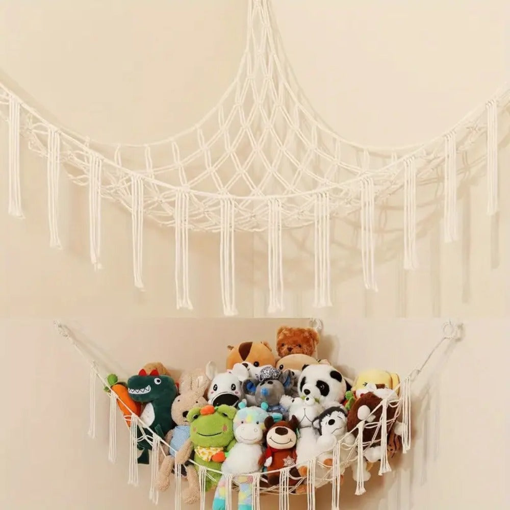 Stuffed Animal Storage Hammock with Lights Corner Hanging Toy Net Organizer for Nursery for Entryways, Bedrooms and Living Spaces