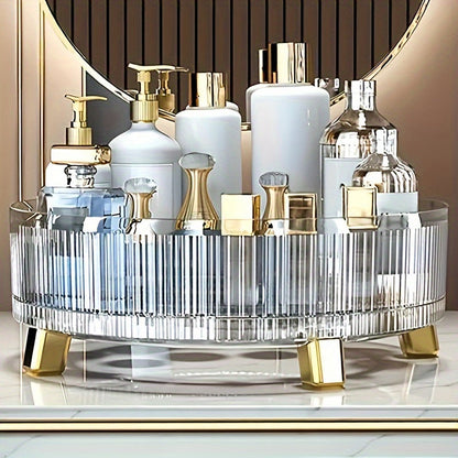 Round Rotating Makeup Organizer Tray with Ribbed Sides and Gold-Tone Feet in White, Green or Orange