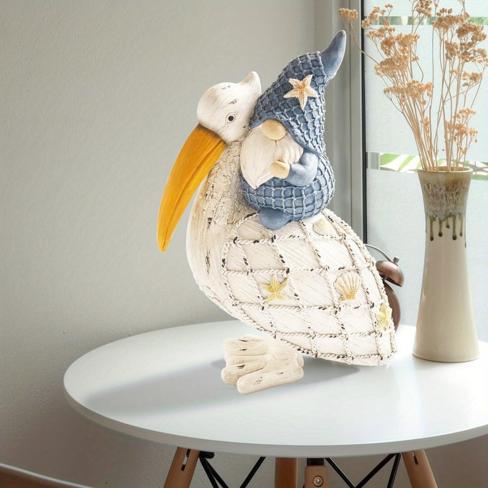 Pelican Gnome Figurine 11.5", Resin Coastal Beach Decor with Starfish & Seashell, Tabletop Statue for Home
