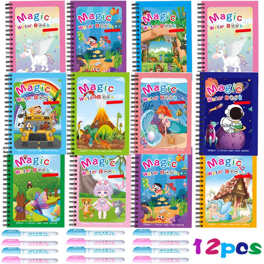 12-Piece Reusable Water Doodle Book Set with Refillable Pens and Assorted Illustrated Themes