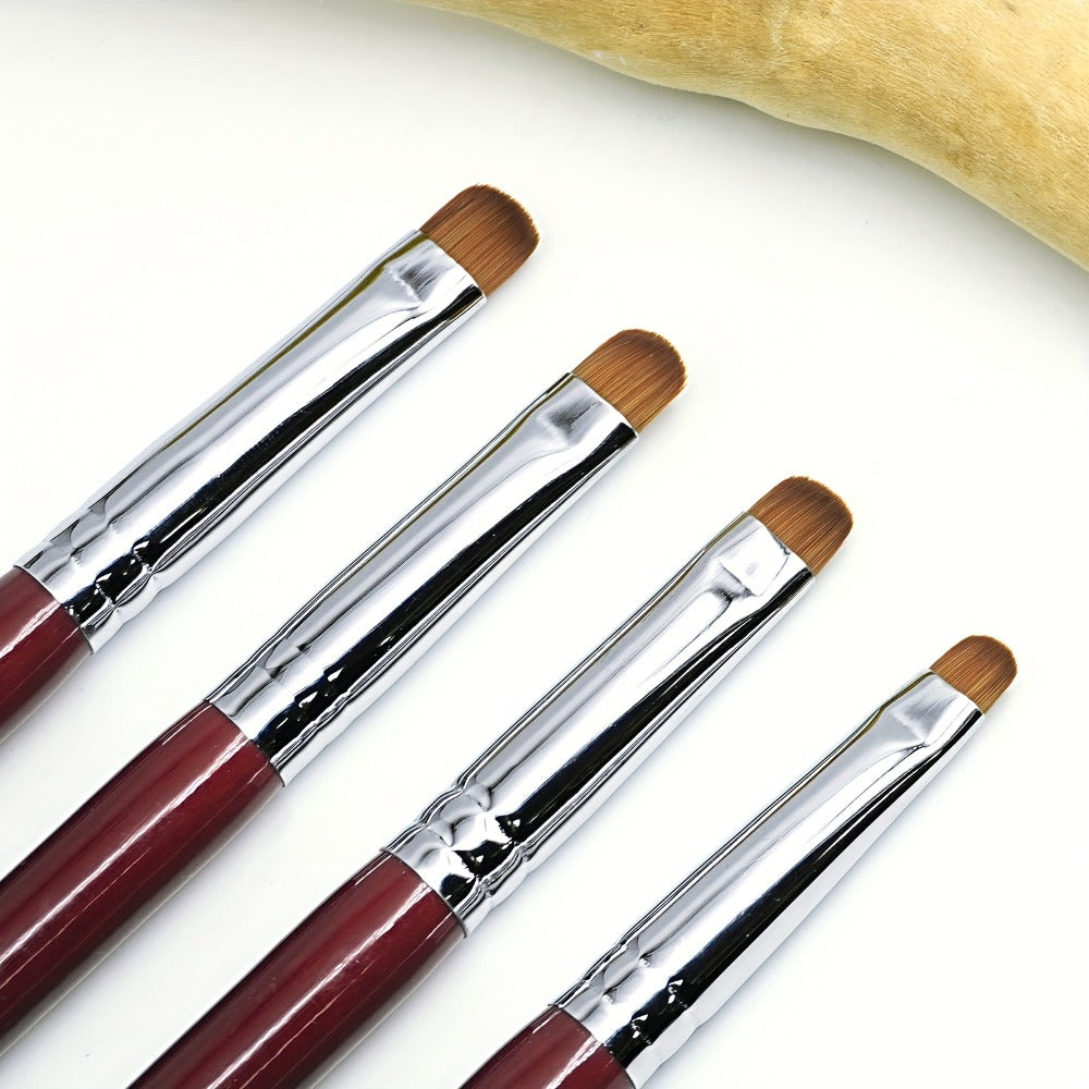 Acrylic Nail Art Brushes Set 4pcs with Dotting Pens – Red Wood Handle Precision Tips #10 #12 #14 #16 for French Manicure Nail Sculpting