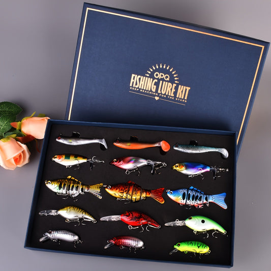 Swimbait Fishing Lures 15pcs Multi-Section Jointed Lure Kit for Bass Pike Trout, Saltwater Freshwater Realistic Swimming Action Fishing Bait