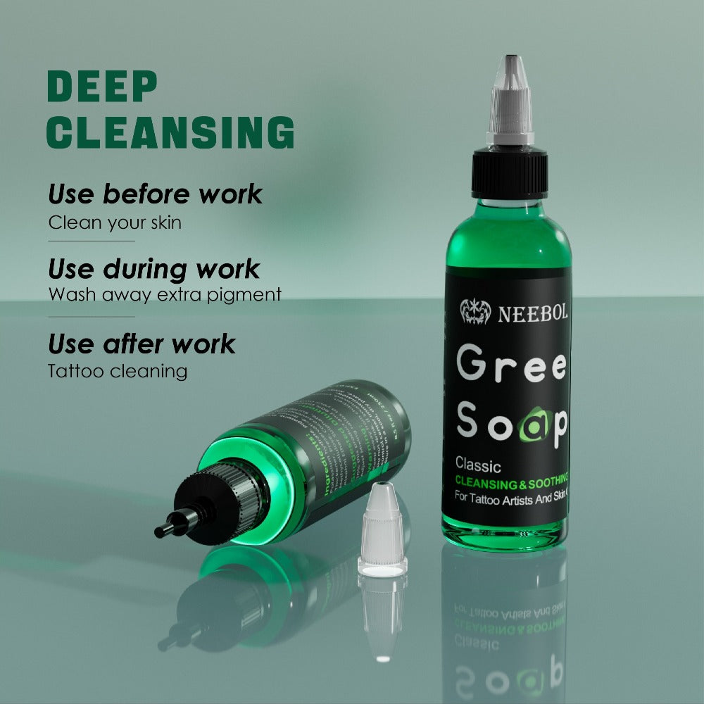 Tattoo Green Soap Concentrated Cleaning Solution 8.5oz with Squeeze Bottle Skin Prep Before During & After Tattooing Moisturizing Balm