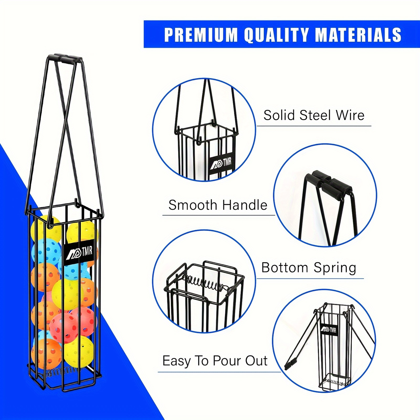 Pickleball & Tennis Ball Hopper Basket – Aluminum Alloy Ball Picker Upper with Handle, Portable Ball Collection Basket for Easy Court