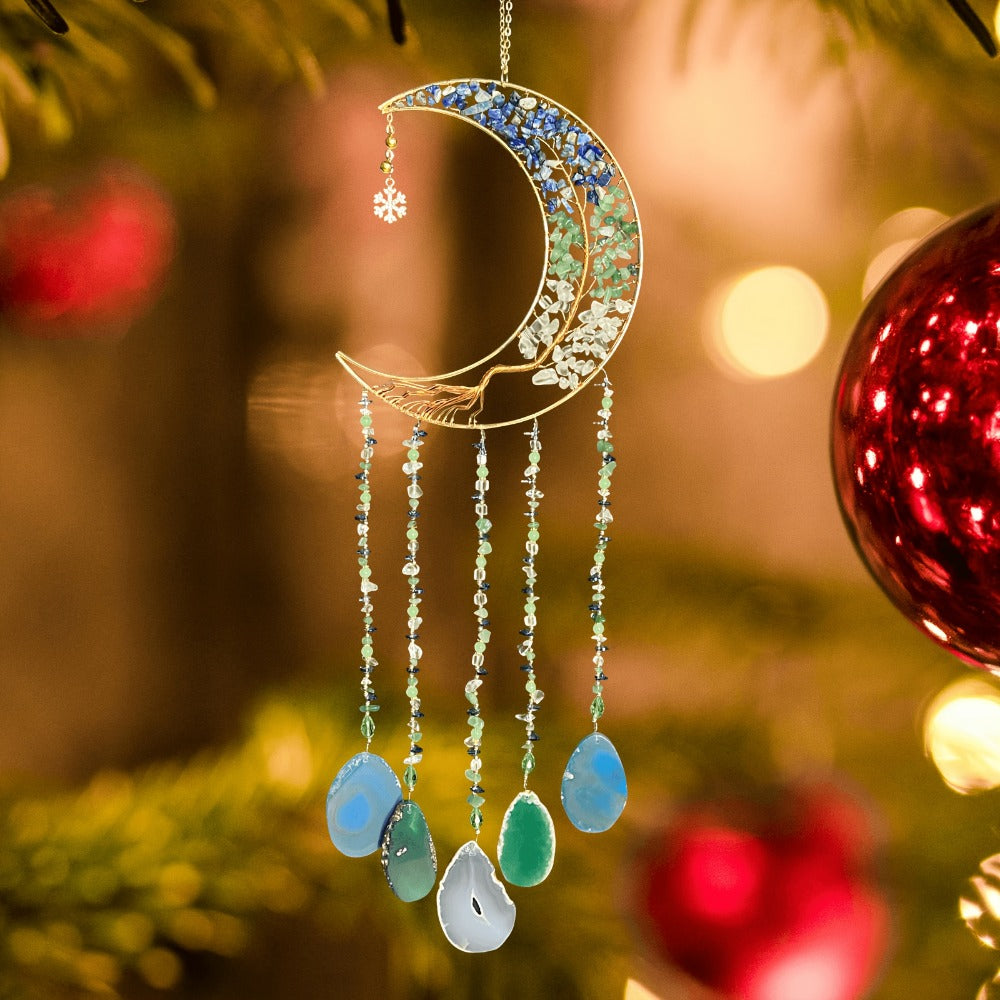Moon Agate Tree Hanging Ornament Handmade Boho Suncatcher Wall Decor - Crystal Window Sun for Entryways, Bedrooms and Living Spaces