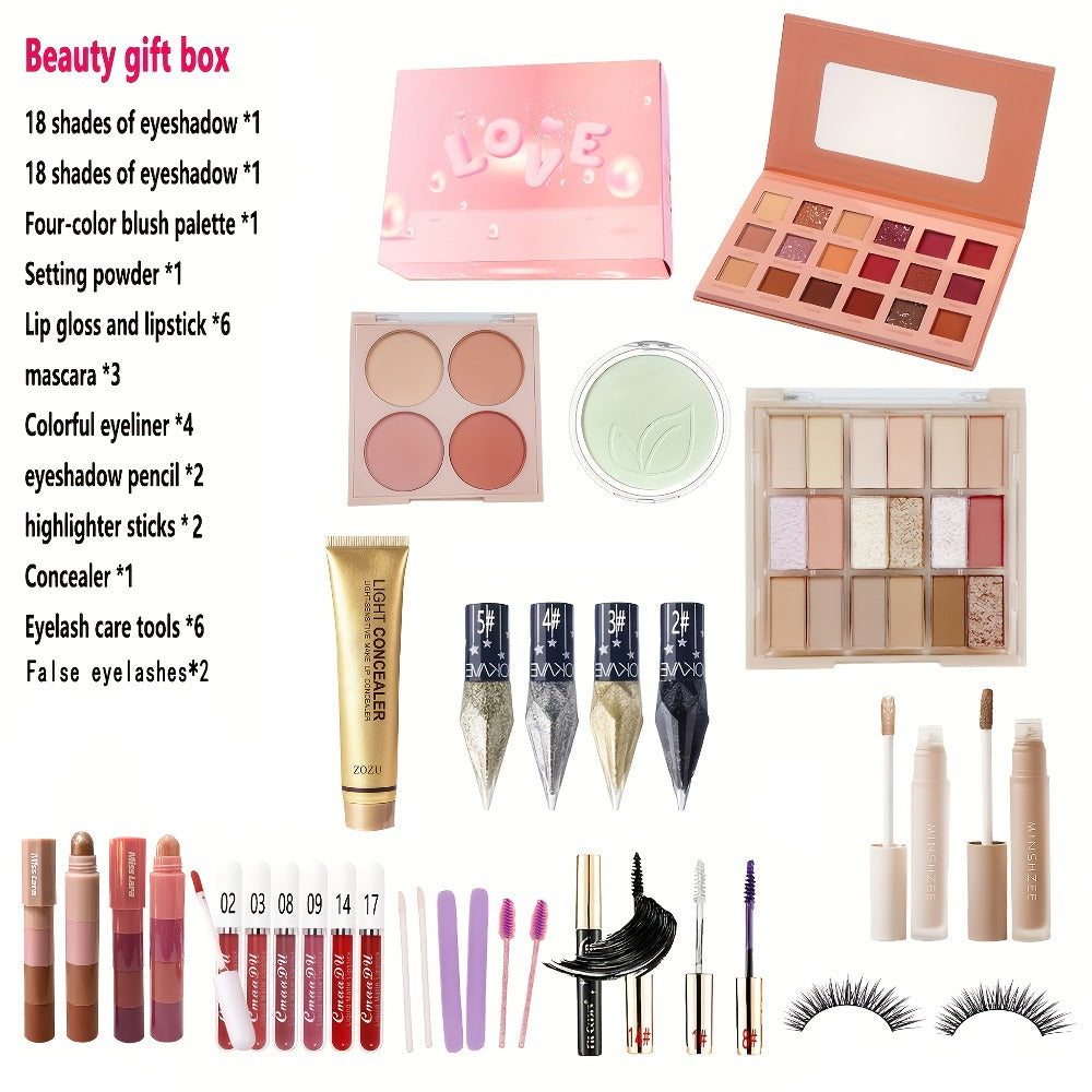 30-Piece Pink Makeup Set with 18-Color Eyeshadow Palette, Four-Color Face Palette, Lip Products and Makeup Brushes
