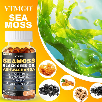 Sea Moss Gummies 1445mg with Shilajit Black Seed Oil Ashwagandha Elderberry Chlorophyll Turmeric Bladderwrack Ginger