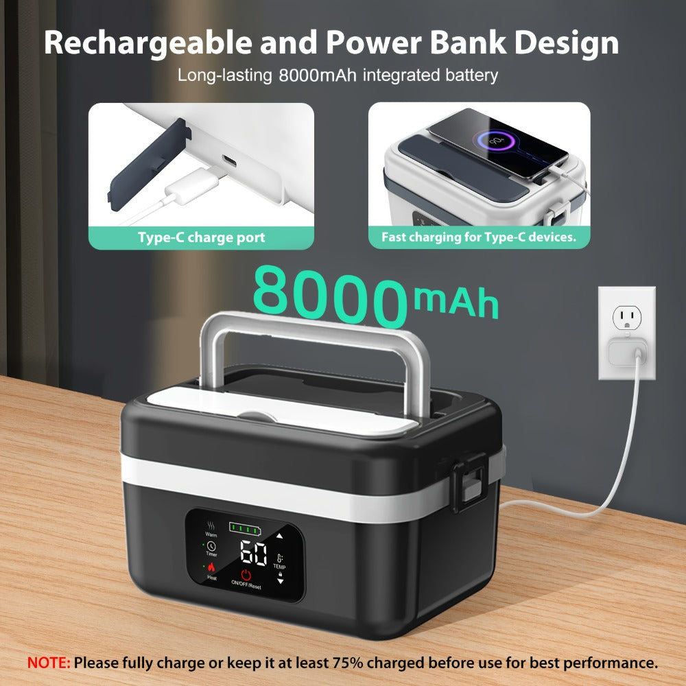 Heated Lunch Box, 8000mAh Battery-Powered 60W 1L Food Warmer with Timer and Power Bank Function