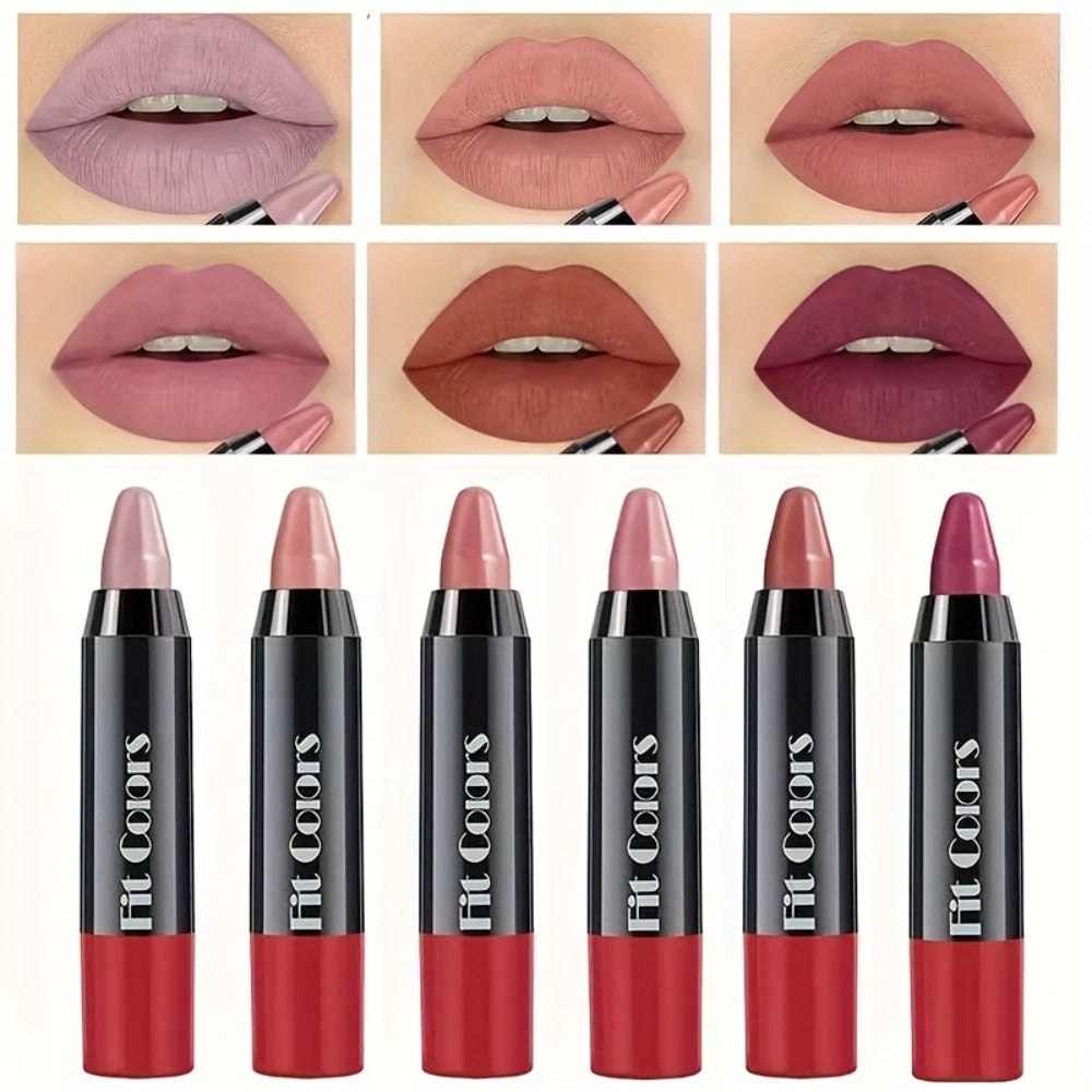 Squalane Crayon Lipstick Set 6 Pcs, Matte & Glossy Lip Pencil with Volumizing Formula, Easy Color Lip Liner for All Skin Types